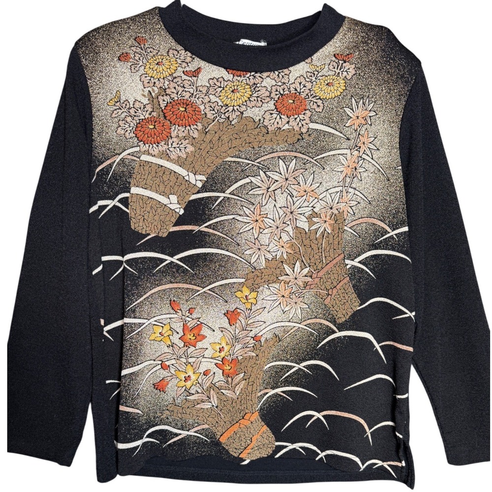 70s/80s Century New Collection Black Japanese Floral Art to Wear Pullover Top LG